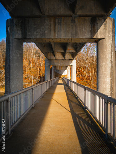 James River Bridge Pedestrian Walkway at sunset along the Blue Ridge Parkway of Washington Jefferson National Forest in Big Island, Virginia, abstract geometry of underside bridge architecture photo