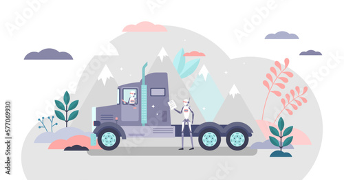 AI robot truck driver logistics transportation flat tiny person illustration concept, transparent background.