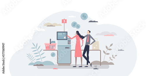 Self checkout as terminal payment after grocery shopping tiny person concept, transparent background. Supermarket or store purchase system for automated process illustration.