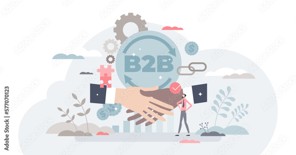 B2B Business model concept, tiny person illustration, transparent background. Commercial transactions between business entities. Partnership network building and industry collaboration.