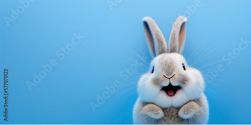 Fotografia cute animal pet rabbit or bunny white color smiling and laughing isolated with c