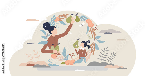 Biodiversity and variability in food for your family tiny person concept, transparent background. Fruit growth, harvest and eating for sustainable and healthy lifestyle with future.