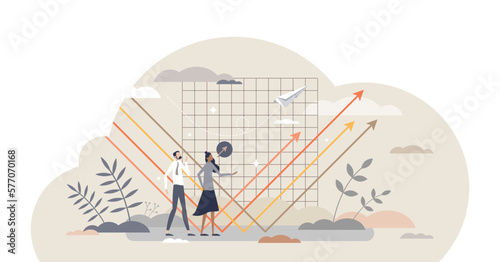 Bounce back from economical crisis with financial growth tiny person concept, transparent background. Business development and success after recession and problems illustration.