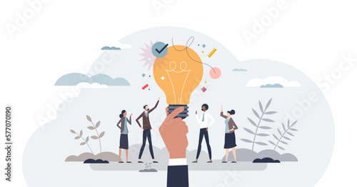 Business ideas with creative and innovative company plans tiny person concept, transparent background. Successful solution with cooperative advice illustration. Opportunity for new startup project.