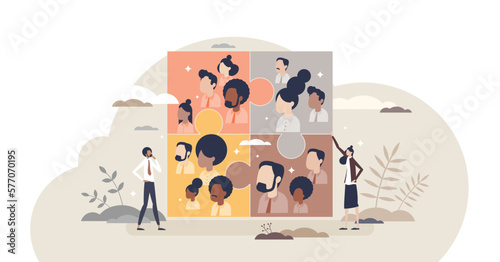 Business teams and partnership connection for common goal tiny person concept, transparent background. Teamwork power and corporate group unity as jigsaw puzzle pieces illustration.