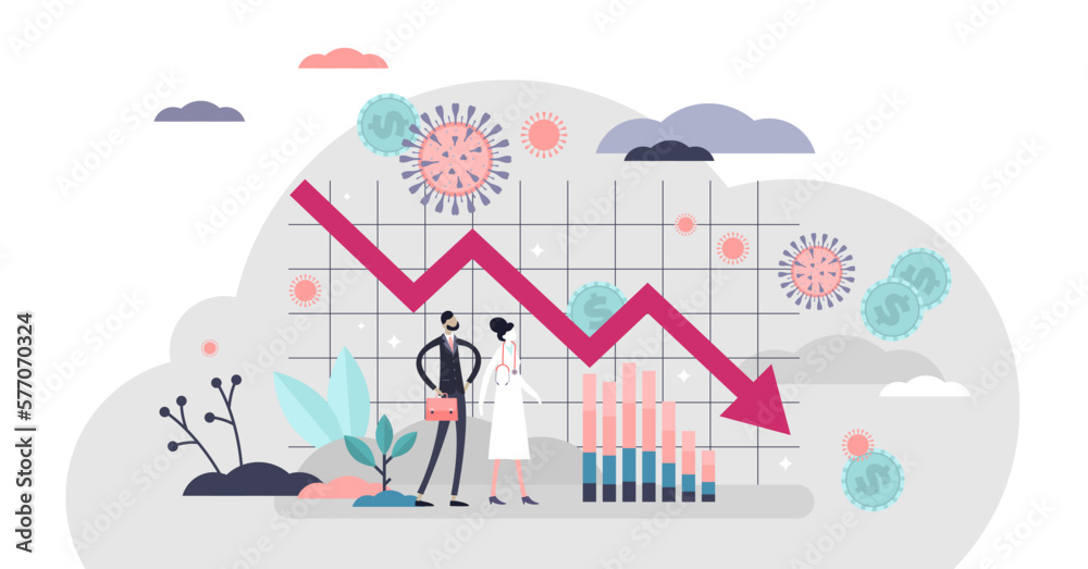 Economic crisis illustration, transparent background. Financial stock recession flat tiny person concept. Global market negative graphic because of healthcare concern.