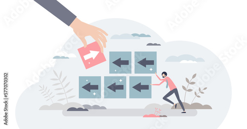 Disruption and competitive interruption to slow business tiny person concept, transparent background. Change forward movement and make progress delay with difficulties illustration.
