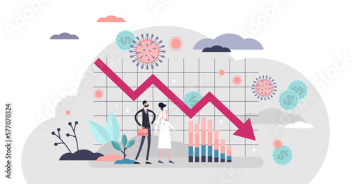 Economic crisis illustration, transparent background. Financial stock recession flat tiny person concept. Global market negative graphic because of healthcare concern. © VectorMine