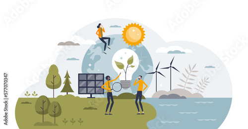 Environmental impact assessment for effect analysis tiny person concept, transparent background. Nature pollution evaluation and green energy types sustainability research.