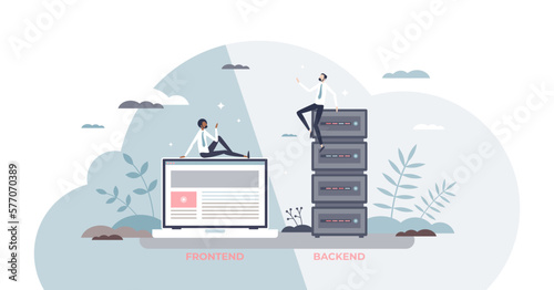Fototapeta Frontend vs backend programming sides for website tiny person concept, transparent background
