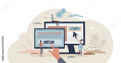Pay per click marketing ads strategy and PPC advertising tiny person concept, transparent background.