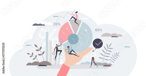People analytics and data statistics for social research tiny person concept, transparent background. Percentage diagram and chart with calculation and measurements illustration.