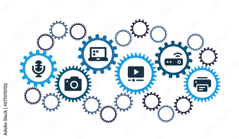 Online Media Creation Concept. Group of Gears and Connected With icons of Visual Production of Digital Image, audio and video. Media Business Model.