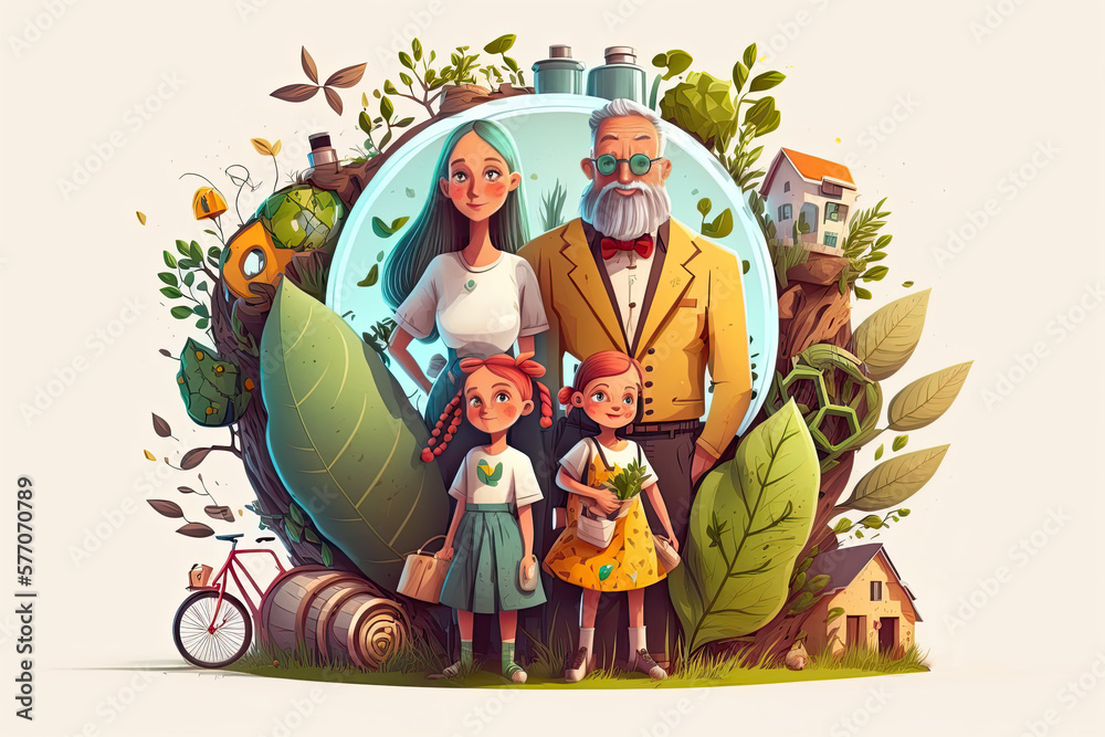 Naklejka premium A Green Illustration of a Sustainable Family Living a Happy Life. Generative AI
