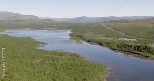 Aerial view of Siilasjärvi and E8 border crossing to Norway at Kilpisjärvi, Lapland, Finland in summer. photo