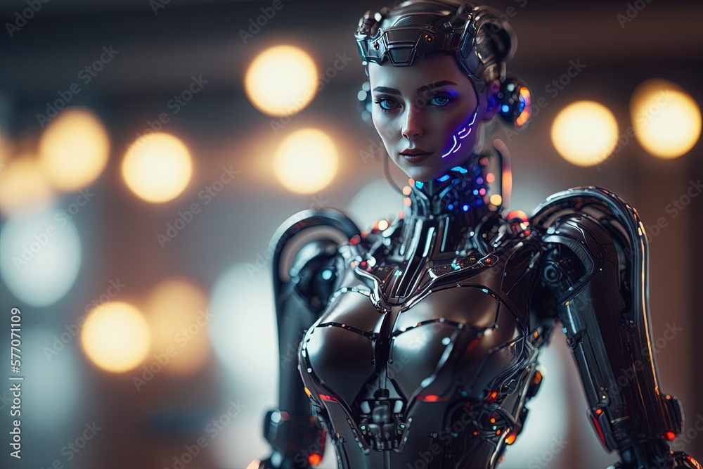 artificial intelligent female cyborg, female meta human in blurred background   by ai generative