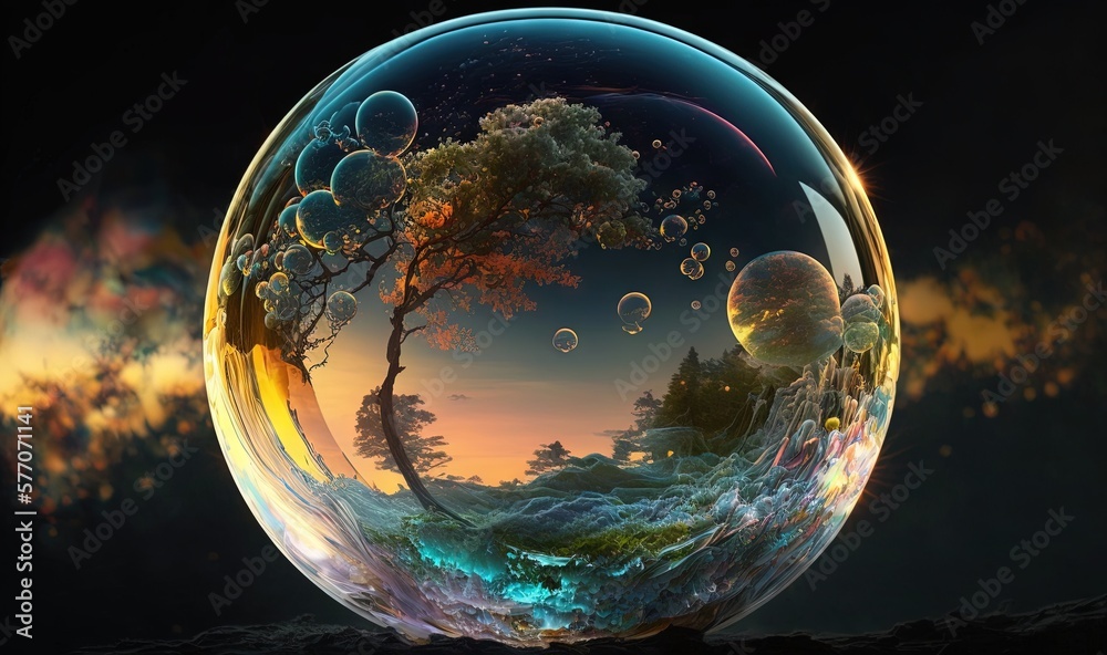 a glass ball with a tree and a sunset in the background.  generative ai
