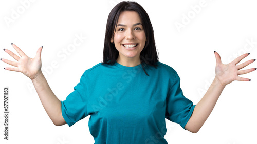Foto Young beautiful woman with facial expression of surprise standing over gray background