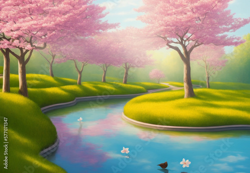 Illustration of a Japanese field in spring, sakura trees blooming featuring a river, Generative AI photo