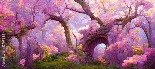Enchanting surreal forest of purple and pink cherry tree blossoms, dreamlike spring season vegetation, otherworldly, natural beauty, vibrant and imaginative - high detail generative ai.
