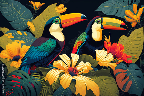 Tropical rainforest with toucans bird with palm leaves and flowers. Generative AI