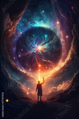 show a starseed in an earthly environment, surrounded by light and cosmic energies, with hands raised towards the sky. In the background, there may be a scene of healing or helping other human beings 