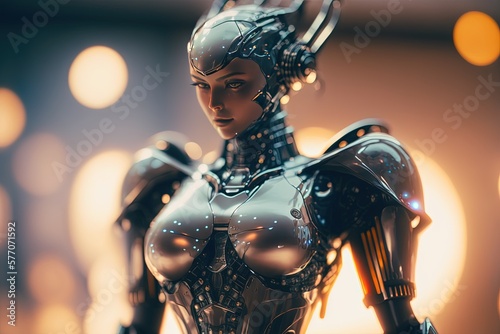 artificial intelligent female cyborg, female meta human in blurred background by ai generative