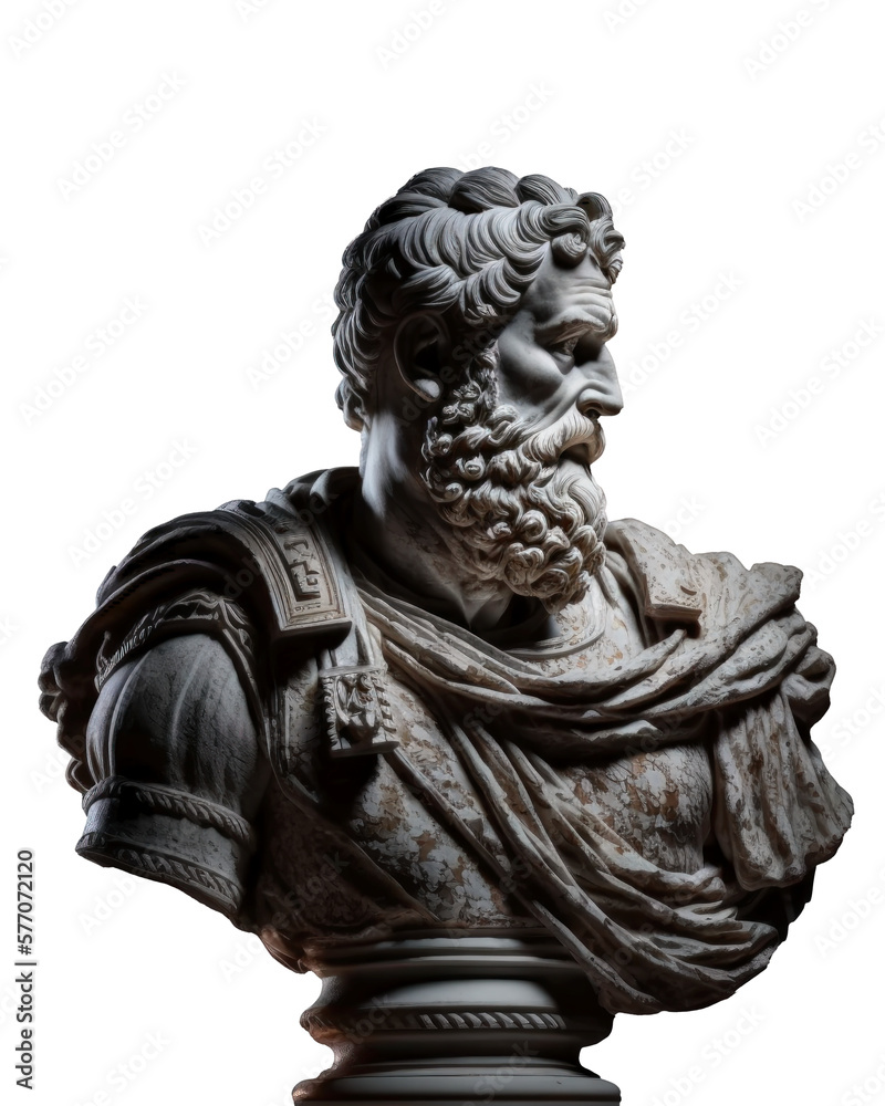 Porphyry bust of roman emperor, isolated on black background. Copy space, close up, no background. History and art concept. Generative AI, no real statues or people referenced