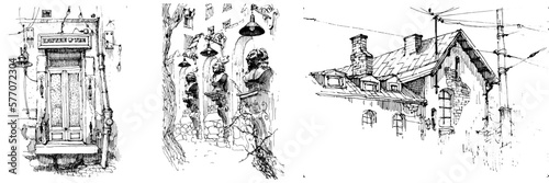 Sketch of the street. Old city street in hand drawn sketch style. Vector illustration. Black and white urban landscape on white background