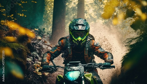 raider motocross in forest track by ai generative 