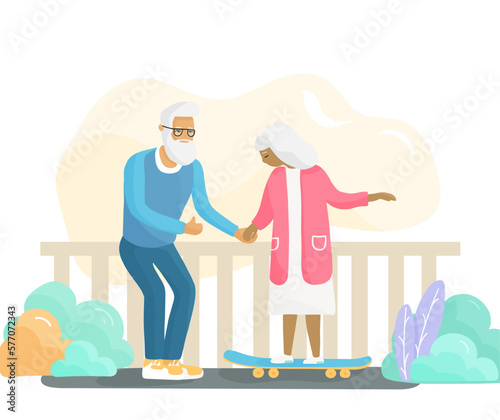 Grandparents trying riding a skateboard. Funny seniors skateboarding. Active couple of silver generation riding a longboard. Elderly grandma on a skate. Flat cartoon vector illustration