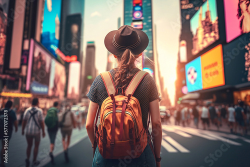 Back view of tourist woman in summer dress with backpack on the background on Times Square. Generative AI