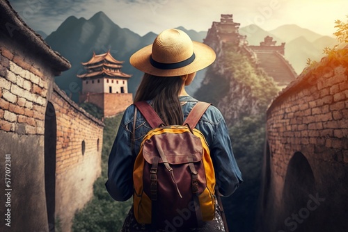 Young woman on Great Wall of China. Generative AI © AIproduction