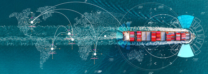 Technology Cargo Container Ship Futuristic Global Logistics international delivery concept, World map logistic and supply chain network distribution container export import to customs technology.