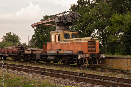 Stara Vyzhivka, Ukraine - July 12th, 2021: Railway special equipment. Special construction train for maintenance of railway, rail, sleepers. Heavy machinery repairs rail lines.