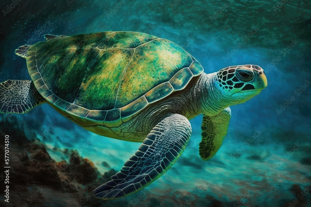 Obraz premium Slowly making its way to the reef is a green sea turtle. Generative AI