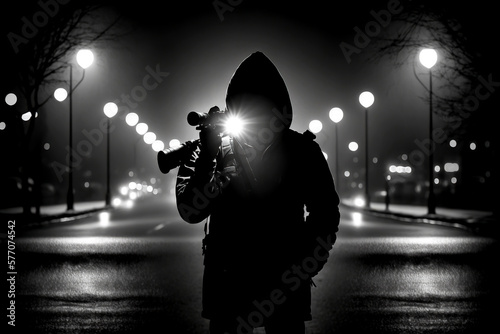 Paparazzi with a slr camera shoots, concept of Celebrity and Photography, created with Generative AI technology photo