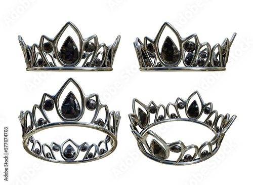 3d rendering of silver queen crown with black gems perspective view