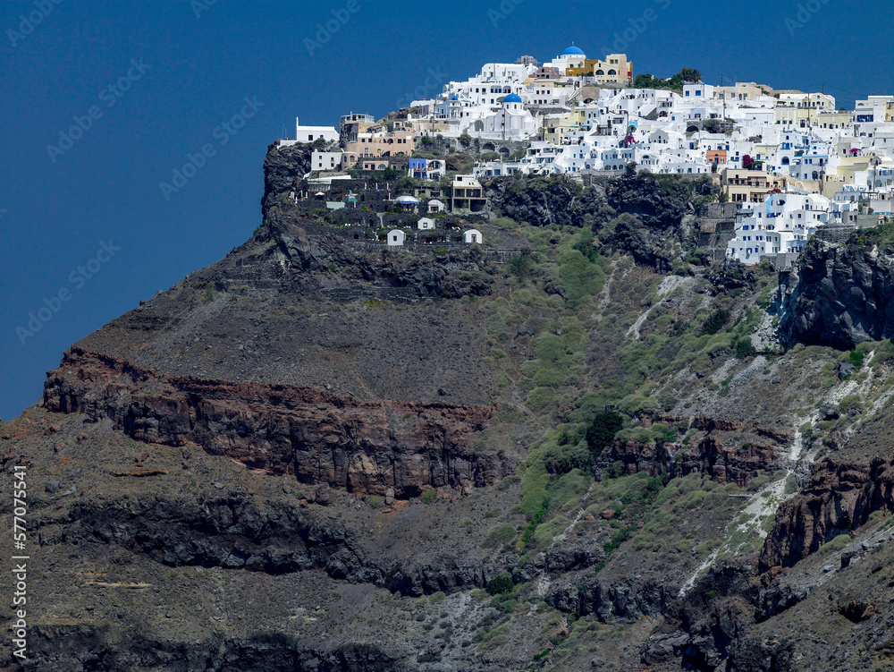 The clifftop town of Imerovigli on the volcanic island of Santorini in the Aegean Sea of the coast of mainland Greece.