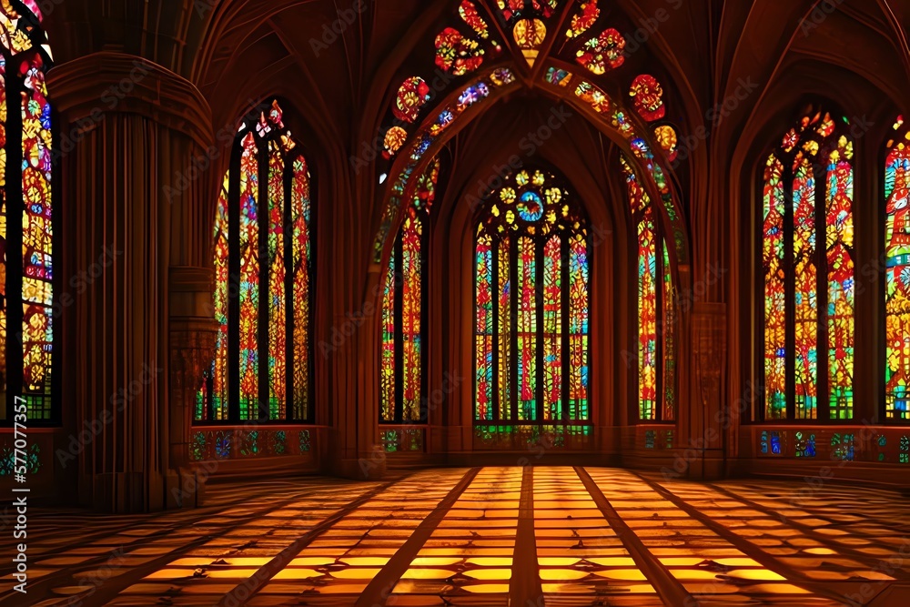 Stained glass of A realistic fantasy interior of the royal palace. golden red palace. castle interior. Fiction Backdrop. concept art. Generative AI