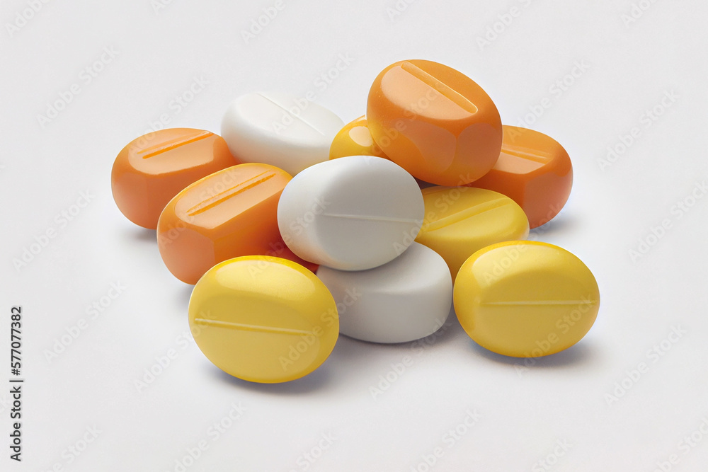 white orange and yellow pills and tablets on white background. Medicine healthy lifestyle concept. Generative ai white orange and yellow pills and tablets on white background. Medicine healthy lifestyle concept. Generative ai