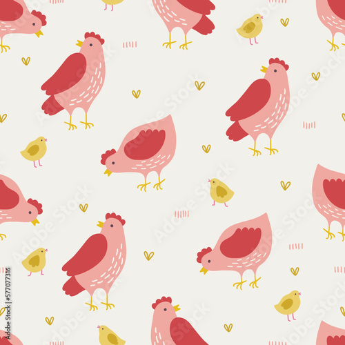 Easter seamless pattern with hen and chicken on white background