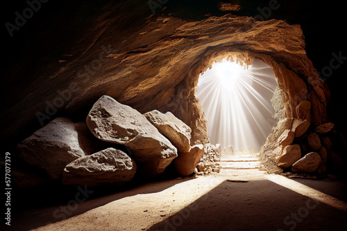 Open coffin chalk. Cave with large stone at entrance. Resurrection day. Jesus Christ is risen. Easter Sunday. Bible narrative. Gospel story. Generative ai