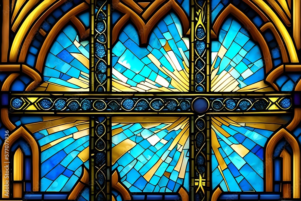 Stained glass of Christian cross with golden paint splatter graphic background. Generative AI Stained glass of Christian cross with golden paint splatter graphic background. Generative AI