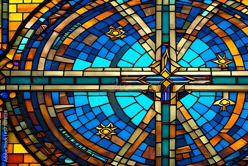 Stained glass of cross illustration Religious concepts  for inserting text messages. Generative AI