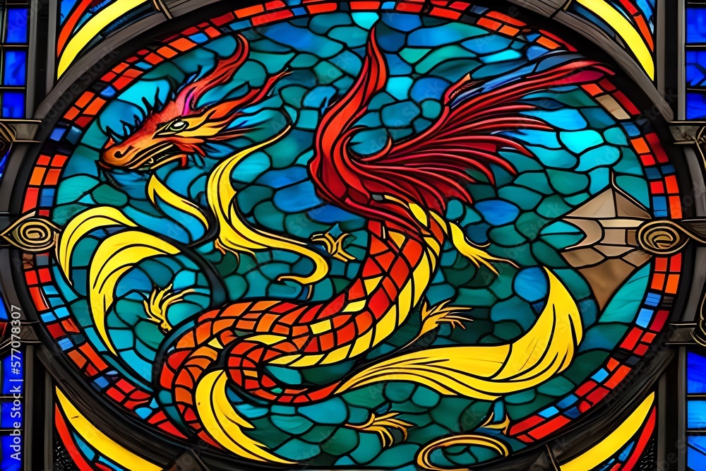 Stained glass of Dragon fire and cross. Generative AI Stained glass of Dragon fire and cross. Generative AI