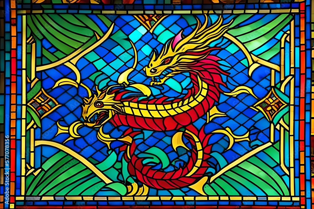 Stained glass of Dragon fire and cross. Generative AI