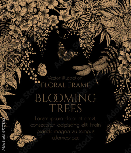 Vector frame of flowering trees and insects. Cherry blossom, wisteria, lilac, mimosa monarch butterfly, dragonfly, peacock butterfly, butterfly swallowtail, pieridae, butterflies admiral, podalirius