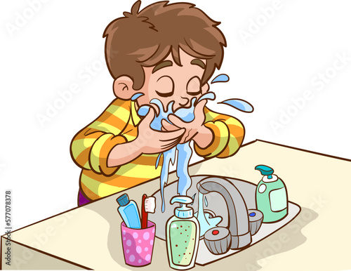 child washing face cartoon vector