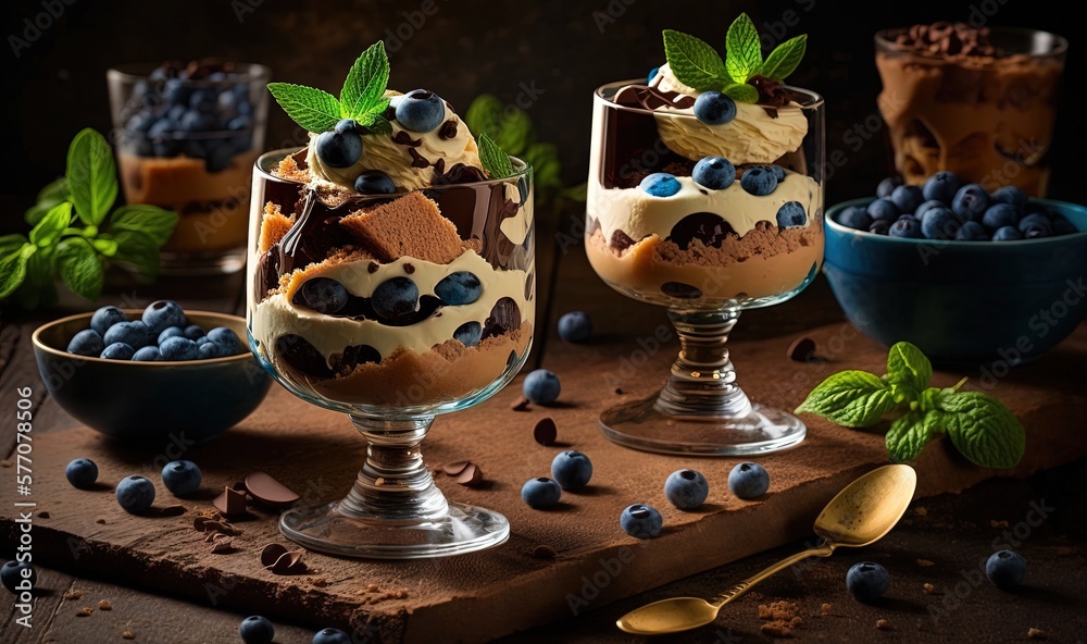 Obraz premium a couple of desserts sitting on top of a wooden table. generative ai